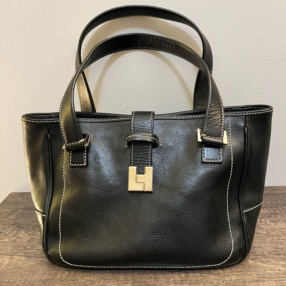 Black Leather Shoulder Bag with Contrast Stitching
